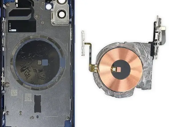 iPhone 12 teardown showing MagSafe & wireless charging coil