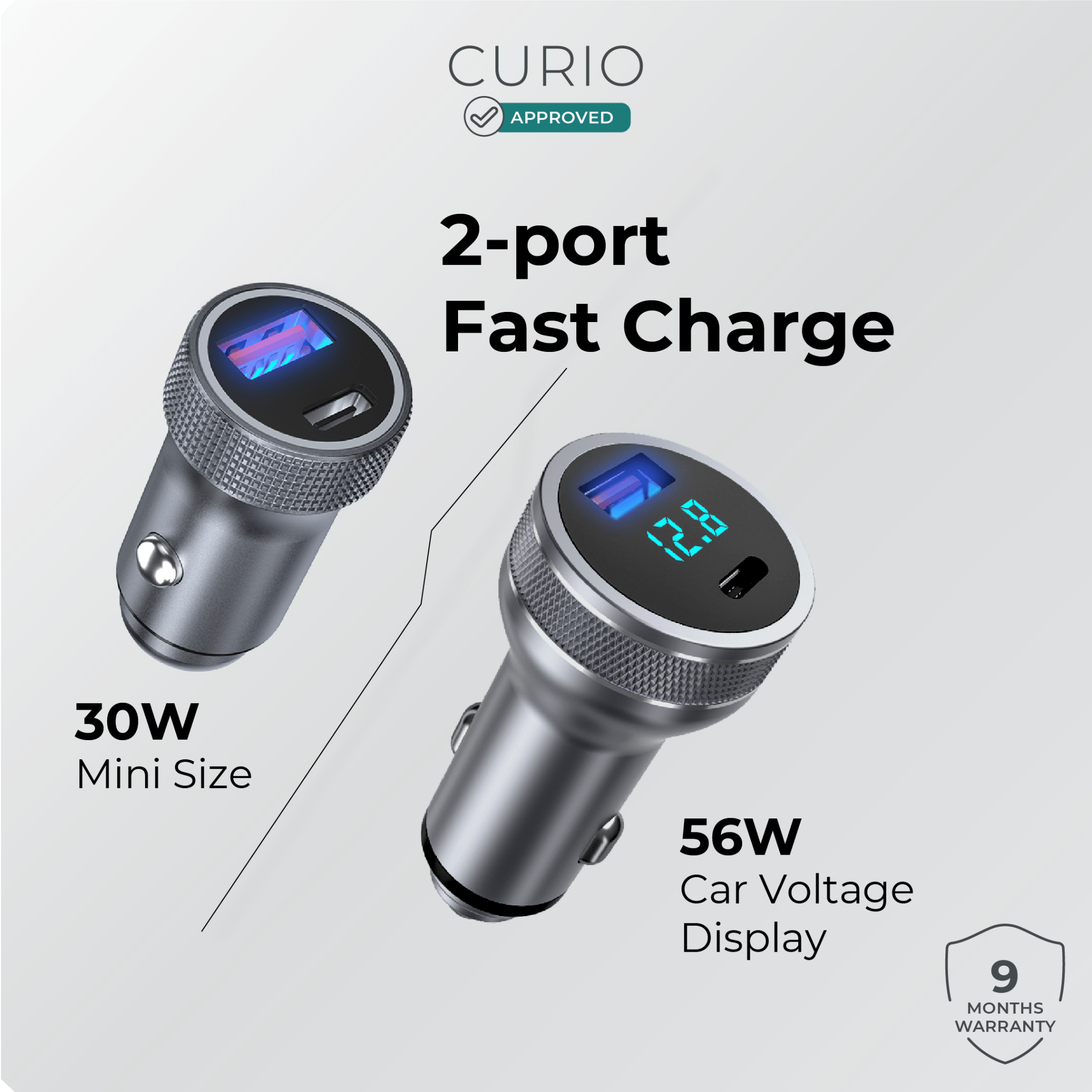 CURIO Car Charger Dual Port Fast Charge with LCD Voltage Display (56W
