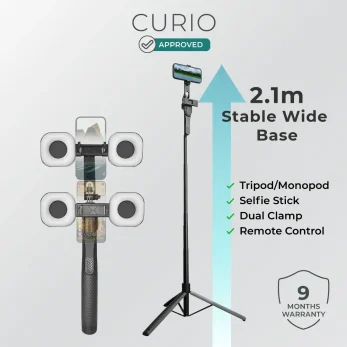 210cm 3-in-1 selfie stick tripod with dual clamp and bluetooth remote