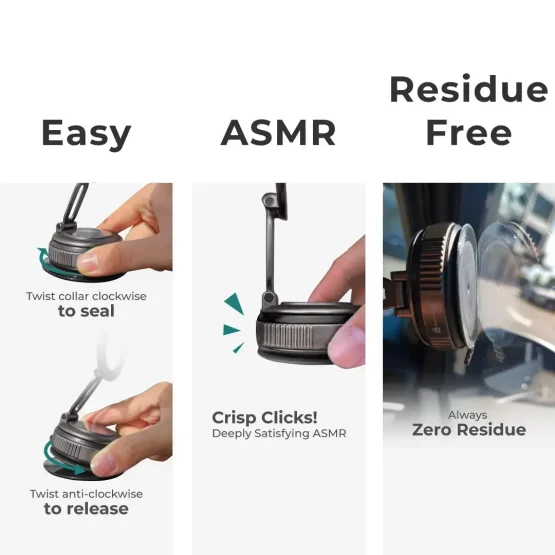 Twist-Lock MagSafe Vacuum Suction Car Mount with no residue