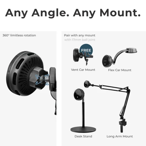 360-degree rotating MagSafe car charger compatible with vent, dashboard, windshield, and desk mounts