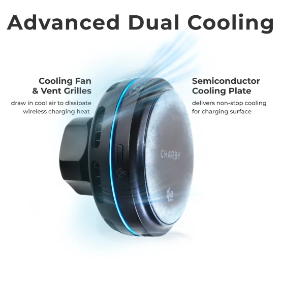 Wireless car charger with semiconductor cooling plate and built-in fan for sustained high-power charging