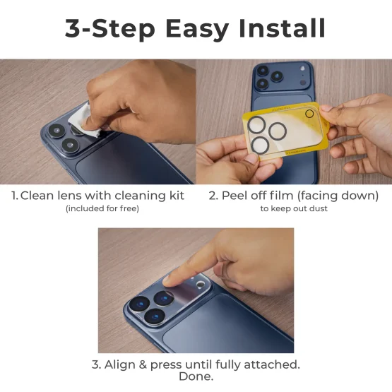 Simple 3-step installation process for iPhone camera lens protector