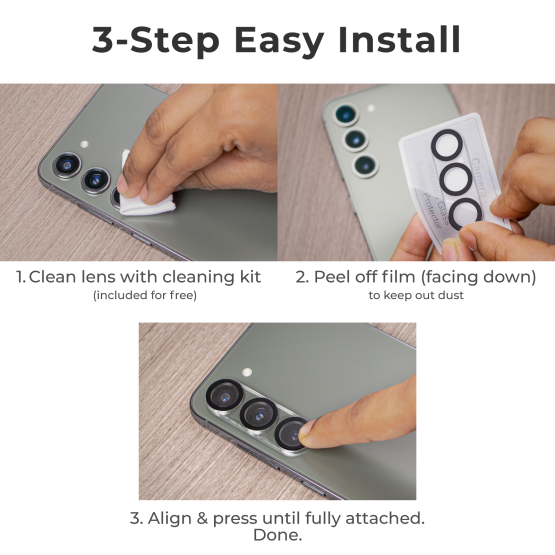 Three-step easy installation process for Samsung Galaxy camera lens protector