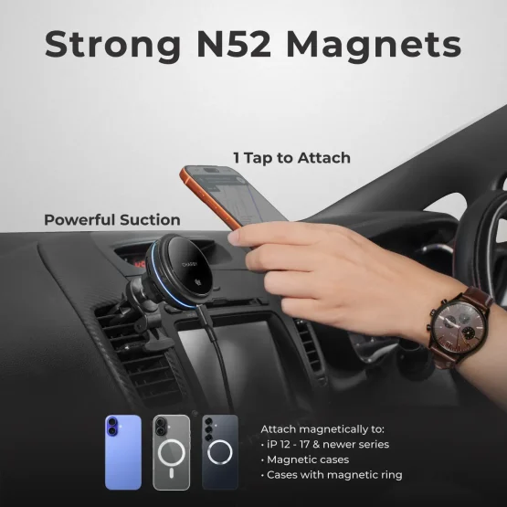 MagSafe wireless car charger with strong N52 magnets for secure attachment on bumpy roads