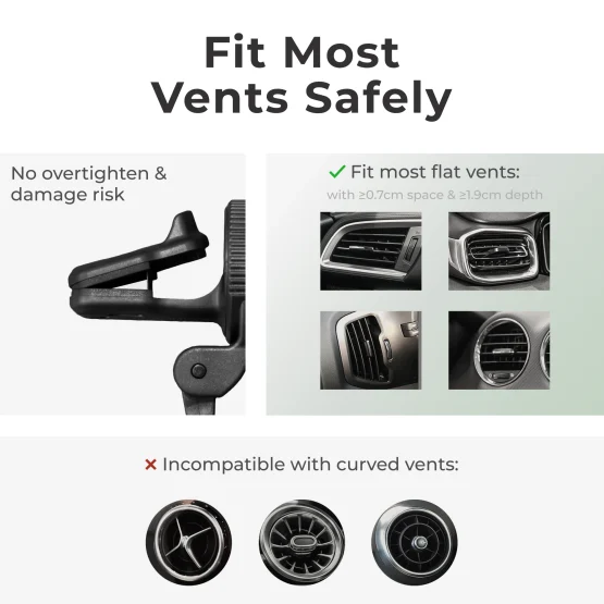 Wireless car charger vent mount fits most vents safely without damaging vent slats