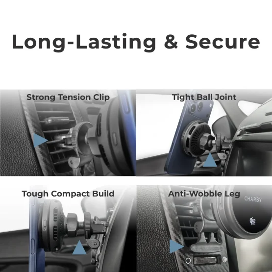 Magnetic car charger with high-tension vent clip, tight ball joint, and compact anti-wobble design