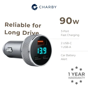 90W 3-Port USB-C & USB-A Car Charger