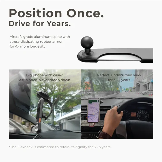 Car Mount with Heavy Duty Aluminum-Reinforced Flexible Arm